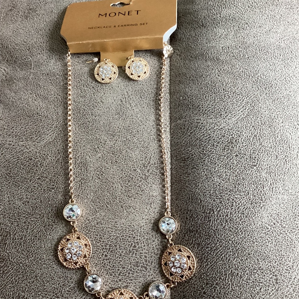 Monet gold tone and silver sparkle earrings and necklace set New w tag